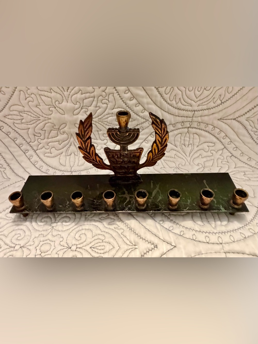 Decorative Gold-Tone Menorah Candle Holder with Olive Wreath Accent